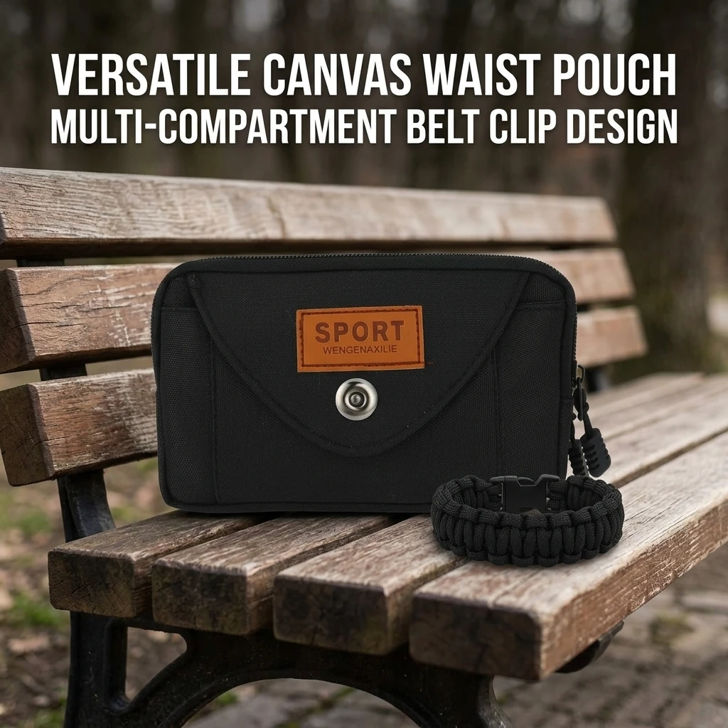 Men Canvas Magnetic Snap Waist Bag Multi-layer Large Capacity Phone Bag Outdoor Casual Belt Purse Portable Coin Card Holder