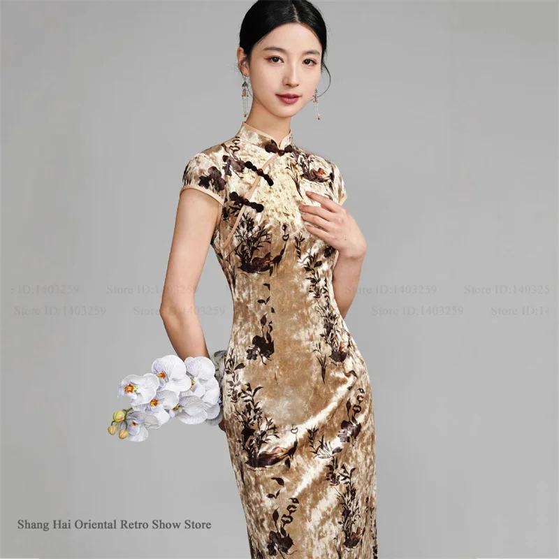 

Винтажное классическое китайское платье-ципао из велюра оверсайз, сексуальное, без рукавов, с разрезом, традиционный костюм, воротник-мандарин