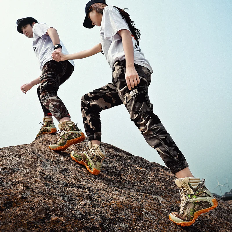 2023 Genuine Leather Mountaineering Shoes Women's Waterproof Anti-slip Camouflage Outdoor Hiking Shoes Men's High-top Cowhide