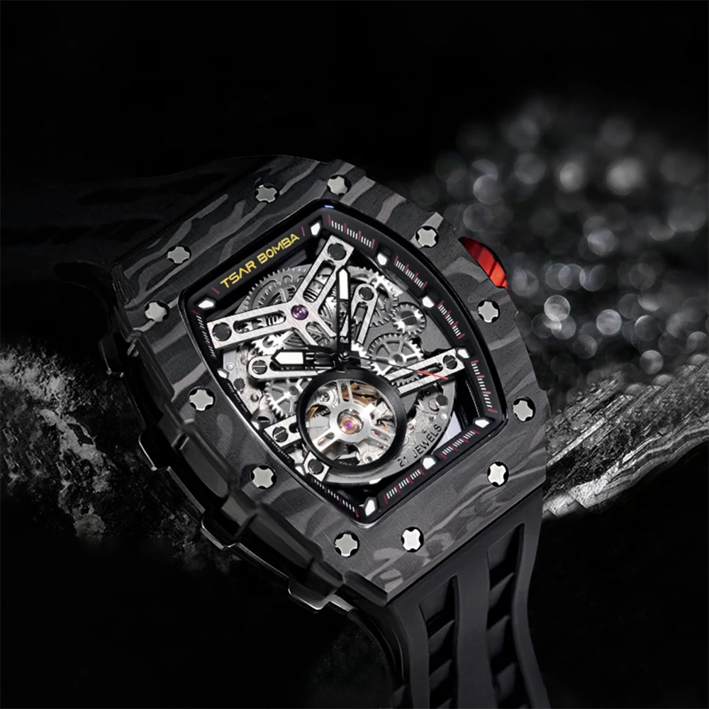 TSAR BOMBA Carbon Fiber Mechanical Watch for Men Waterproof Skeleton Mens Watches Top Brand Luxury Automatic Wristwatches