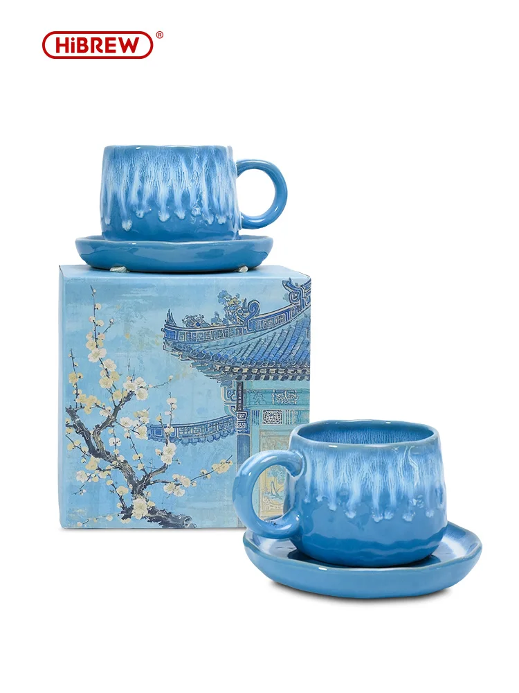 HiBREW 250ml Blue Kiln Changed Glaze Ceramic Coffee Mug Set With Saucer Heat Resistant Non-slip Base Tea Cup For Home Office Caf