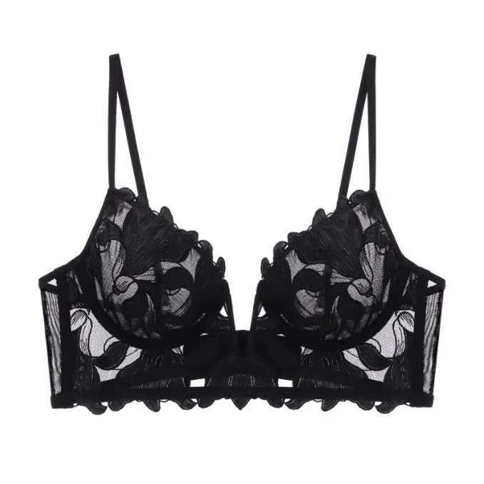 Flirty Sujetador de encaje bordado en V profundo – Diseño transparente ultrafino sin relleno, escote ajustable para la noche de cita de las mujeres