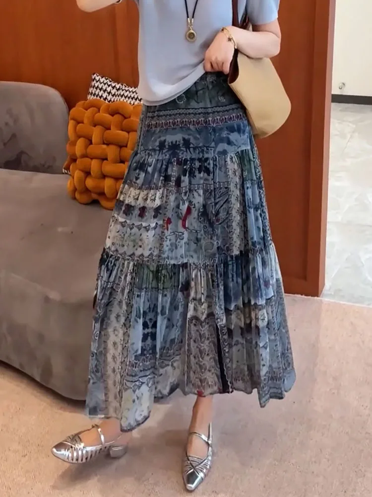 

Vaion Sle Ele Print Elastic High Waist Midi Skirt Summer New Light Maturi Aosphere High Waist Long Skirt