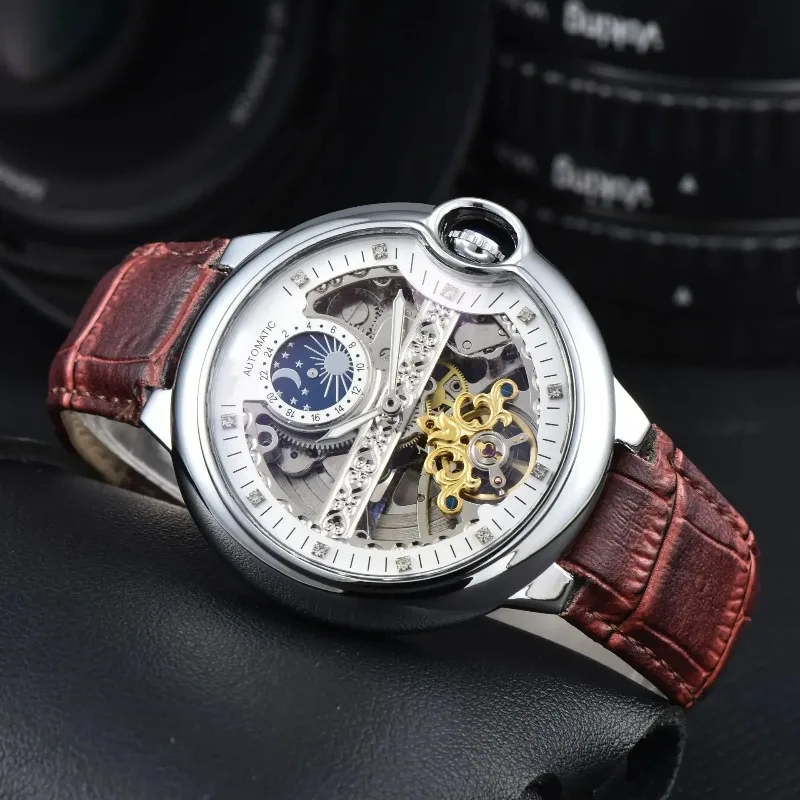 ​ ​ 2025 relógio automático de luxo masculino cristal safira esqueleto turbilhão 100m à prova dwaterproof água pulseira couro genuíno mecânico