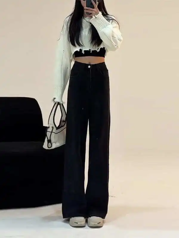 

Джинсы Bla с высокой талией, женские осенние новые джинсы в Корейском стиле, студенческие тонкие широкие брюки, повседневные универсальные длинные брюки