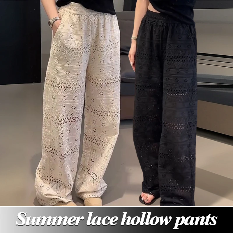 

Womens Croche Elastic High Waist Wide Leg Pants Vintage Bloomers Summer Hollow Out Knit Flower Lace Bohemian Beach Long Trousers