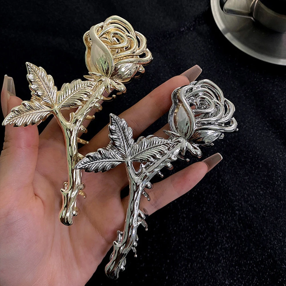 

2Pcs Rose Claws Thick Jaw Flower Hair Clamps Clips for Women Hair Claw Clips Silver Gold Large Size Durable Accessories