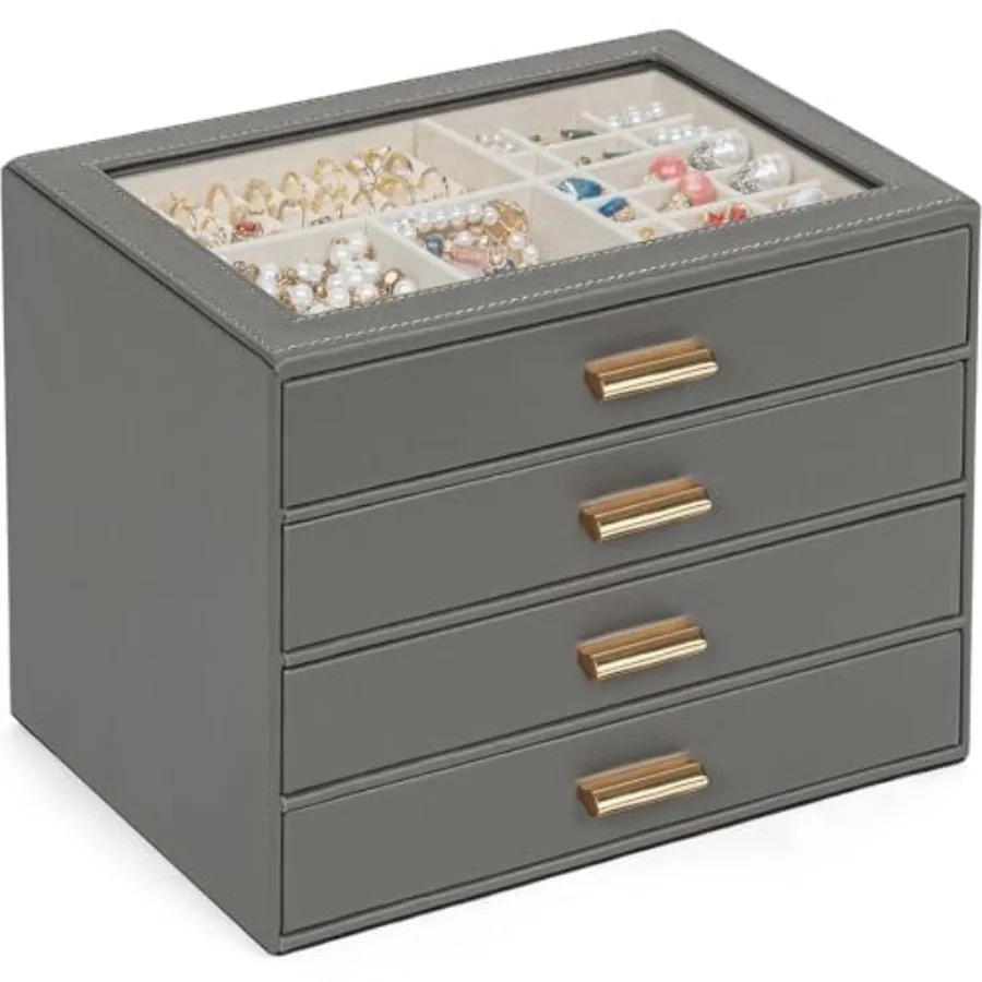 Jewelry Box with Clear Lid Functional Leather Jewelry Storage Organizer Case 4 Drawers for Women Girls Necklace Ring Bracelet E