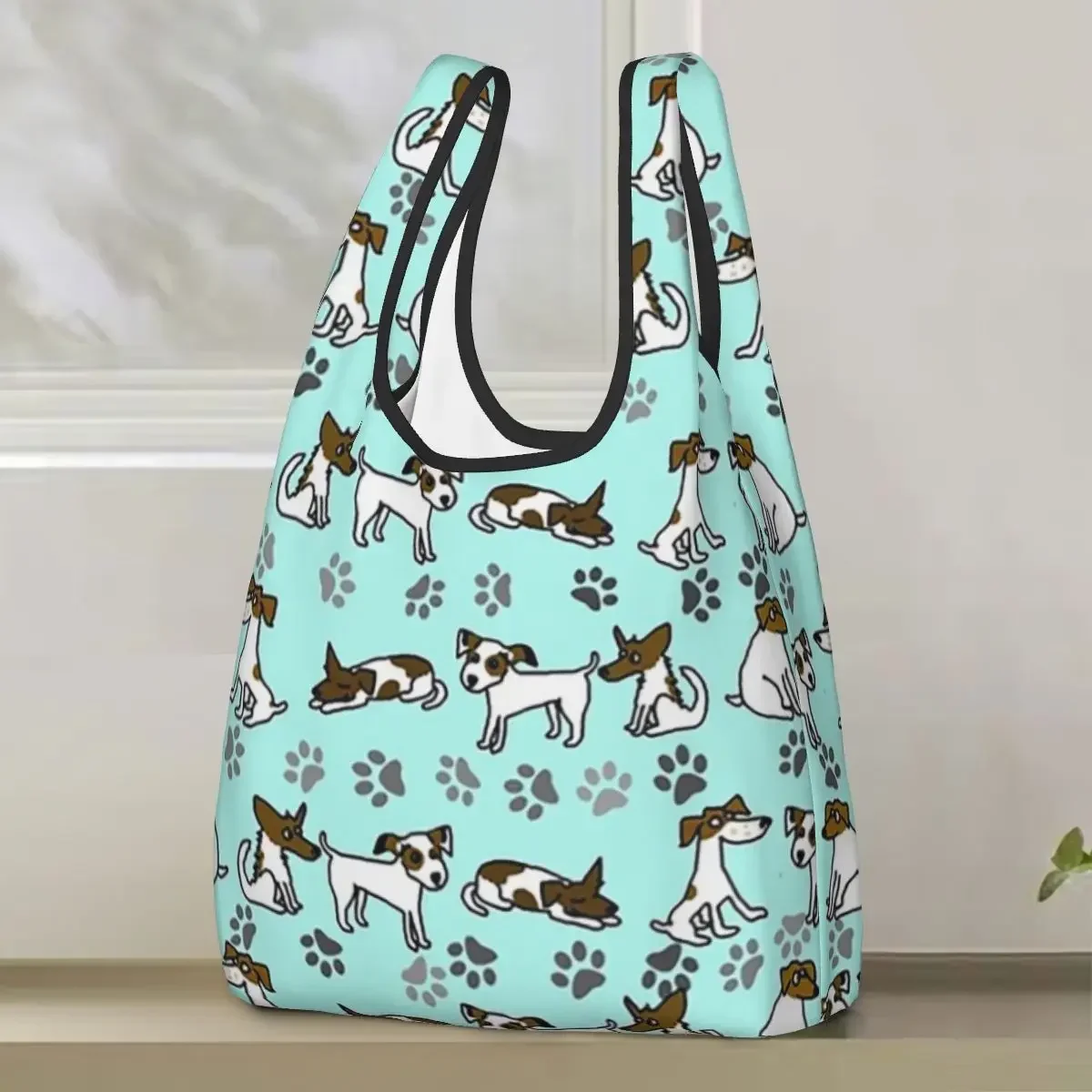 Jack Russell Terrier Cartoon With Light Blue Background Shopping Bag Portable Tote Bags Foldable Shoulder Shopper Bag