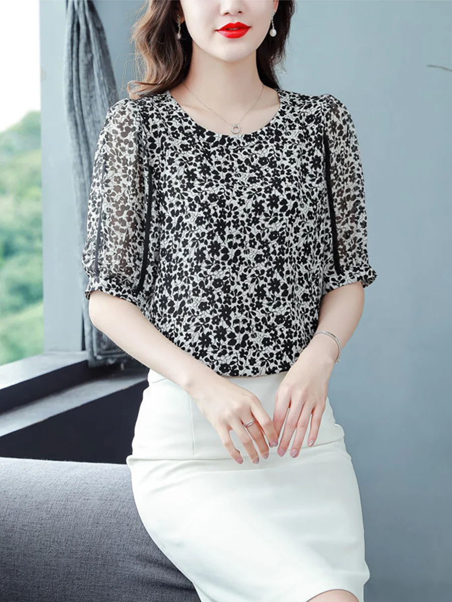 4XL Women Spring Summer Blouses Shirts Lady Fashion Casual Short Sleeve O-Neck Collar Flower Printing Blusas Tops G2198