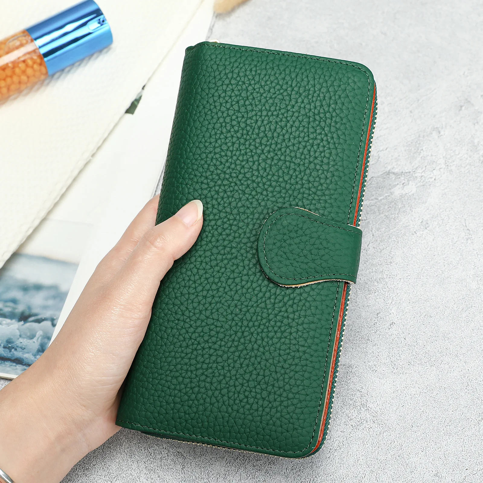 

Long Genuine Leather Wallet Multi Card Slots Color Block Design Fashion Versatile Cowhide Clutch Coin Purse