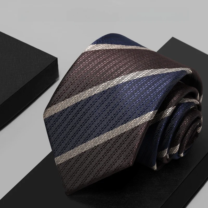 rongzhi-luxury-silk-tie-men's-business-shirt-striped-coffee-color-wide-necktie-elegant-fashionable-gift-box-packaged