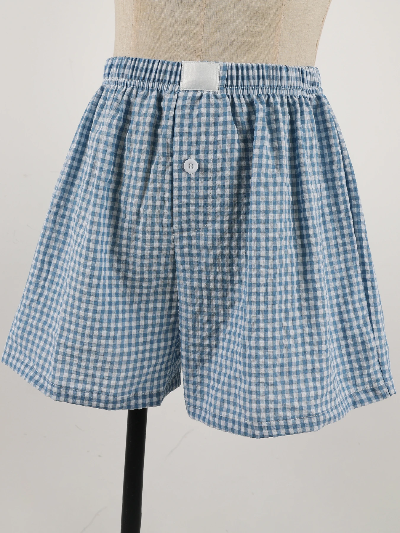 Unisex Gingham Boxer Shorts Elastic Waist Button Front Loose Fit Summer Lounge Pajama Pants for Women & Men