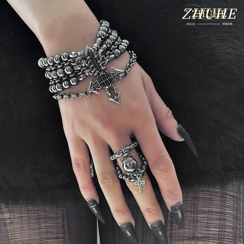 Unisex-Kupferschmuck-Accessoires, Gothic-Punk-Kreuz-Stapelarmband für Männer und Frauen, mehrschichtiges Kettenarmband mit Perlen, Edgy State