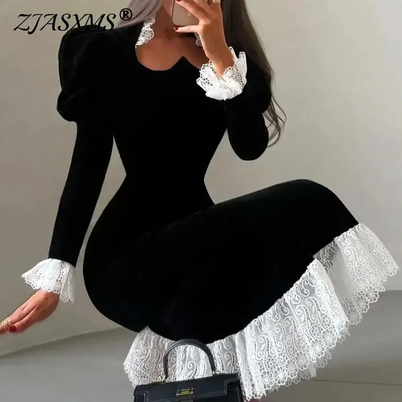 Vestido largo negro Sexy con cuello en U de encaje de retales para mujer nuevo vestido de fiesta de terciopelo ajustado liso elegante vestido Maxi bohemio de manga larga de otoño