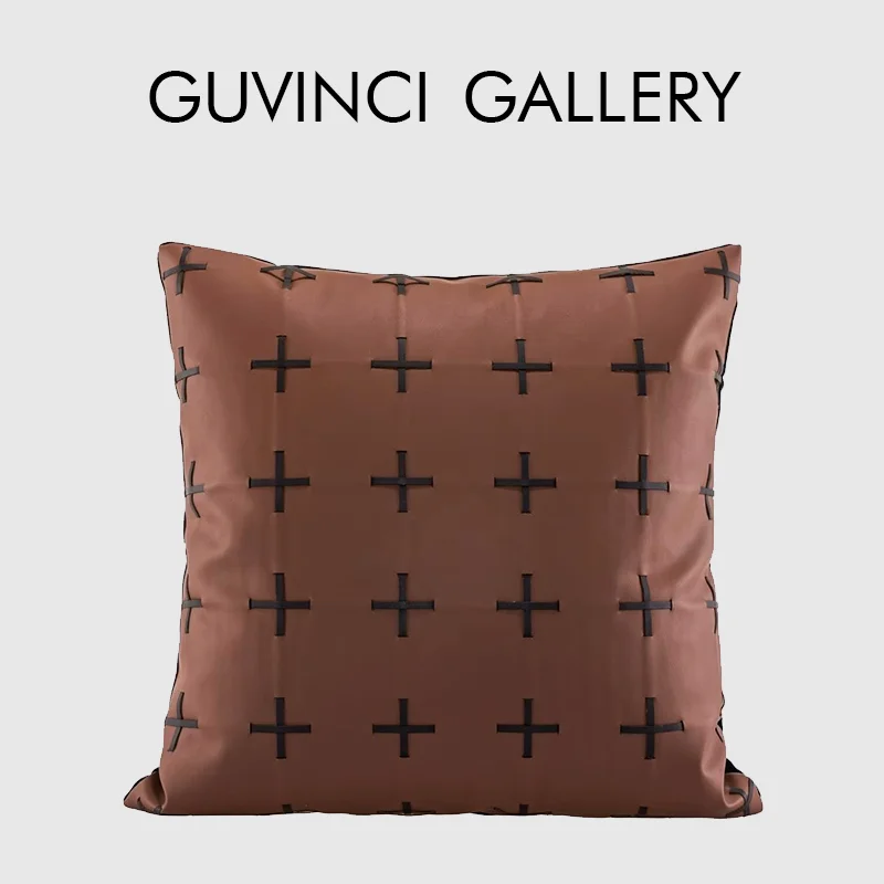 GUVINCI Modern Luxury Urban Interior Cushion Cover High Grade Cognac Brown Leather Pillowcase For Villa Hotel Office Model House