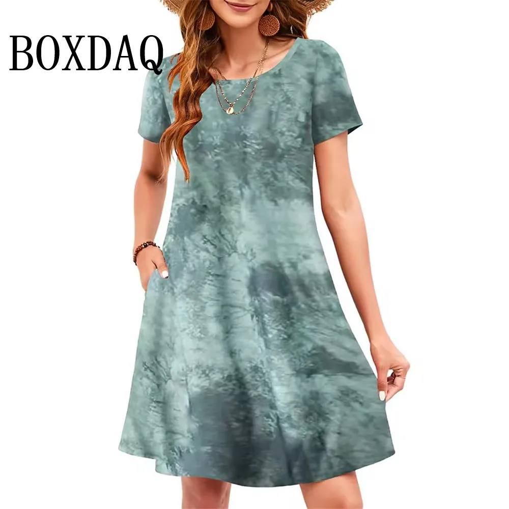 Women Summer Casual Round Neck Dresses Vintage Sundress Short Sleeve Multicolor Tie Dye Splash-Ink Printing Dress Ladies Clothes