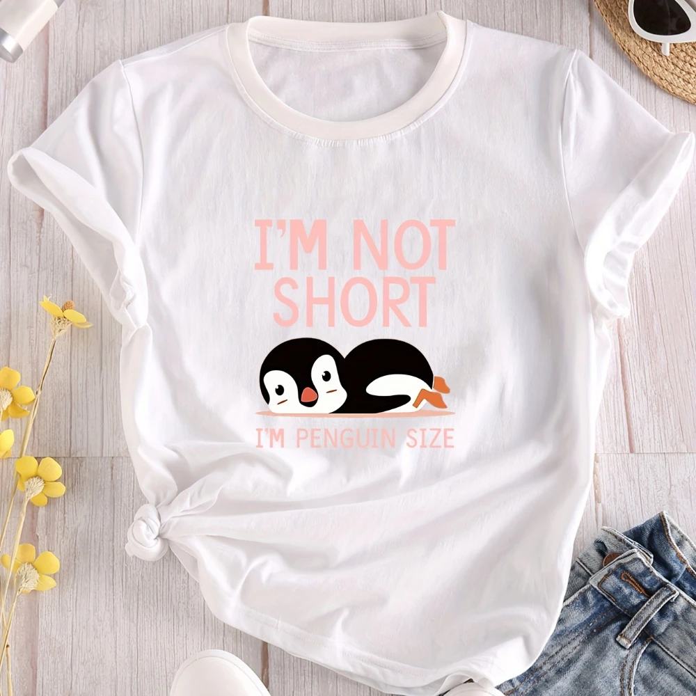 Im Not Short Im Penguin Size Letter Animals Print T-Shirt Crew Neck Short Sleeve T-Shirt Casual Every Day Tops Women\'s Clothing