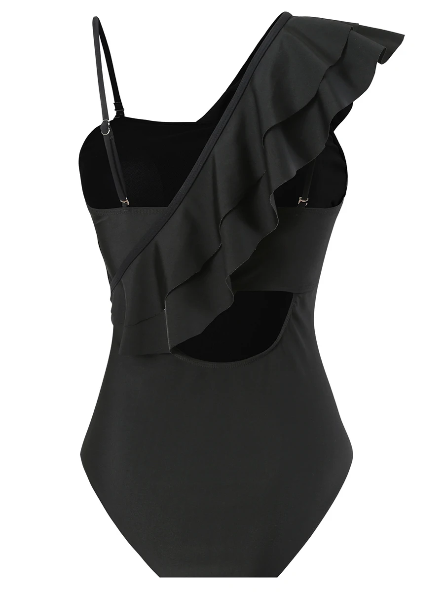 2026 One Shoulder Frill Solid Swimsuit Women One Piece Swimwear Female Beachwear Bathers Bathing Swimming Swim Suit
