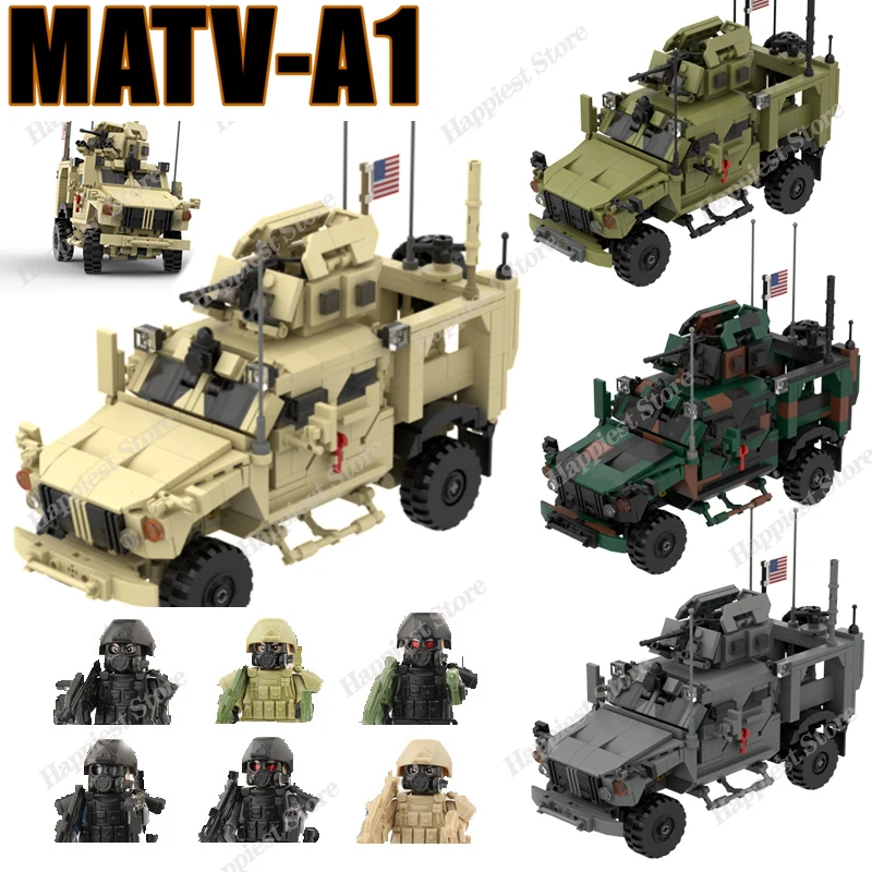 

MOC Military M-ATV Wheeled Anti-Mine Anti-Ambush Vehicle Building Blocks US Army Figure Special Soldiers Model WW2 Bricks Toys