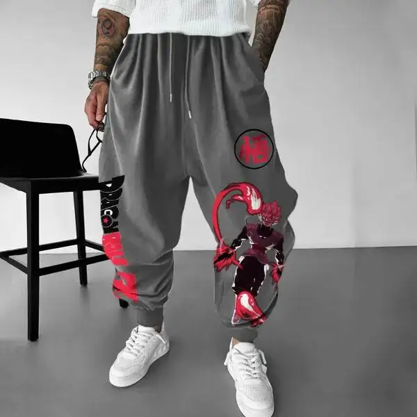 Gray Anime Goku Print Cotton Pants Cuffed Design Unisex Harem Trousers Extra Large Wide Leg Joggers Casual