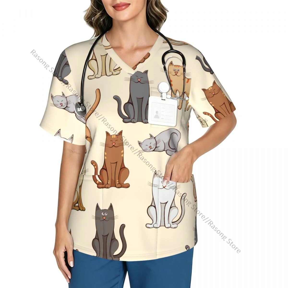 Women Scrubs Blouse Medical Nurse V-neck Clinical Scrubs Top Various Cats Pattern Operating Room Work T-shirt