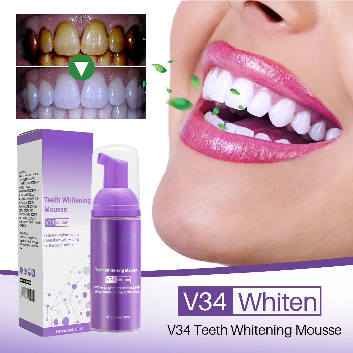 V34 Mousse Toothpaste Teeth Cleaning Brighten Whitening Toothpaste Yellow Teeth Removing Tooth Stain Oral Cleaning Product 50ml