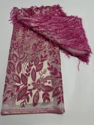 Fuchsia African Jacquard Brocade Fabric With Tassels Nigerian Organza Lace Tulle Material French Net Brocard Tissu 5Yard ZJ1