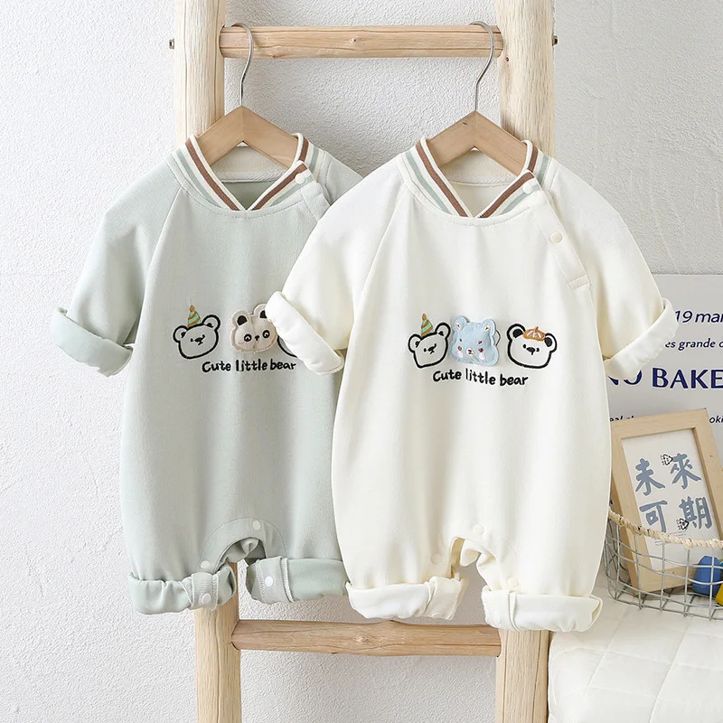 

2026 Spring Toddler Girls Rompers Bear Embroidery Kids Baby Girls Jumpsuits Newborn Girls Bodysuits Round Neck Infant Overalls
