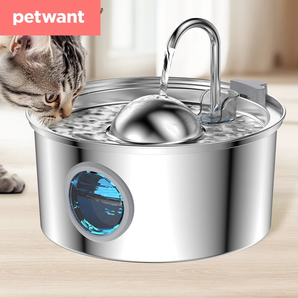 Petwant Automatic Stainless Steel Cat Water Fountain 108oz/3.2L Big Eyes Water Level Display Silent Pump Cat Fountain Filters