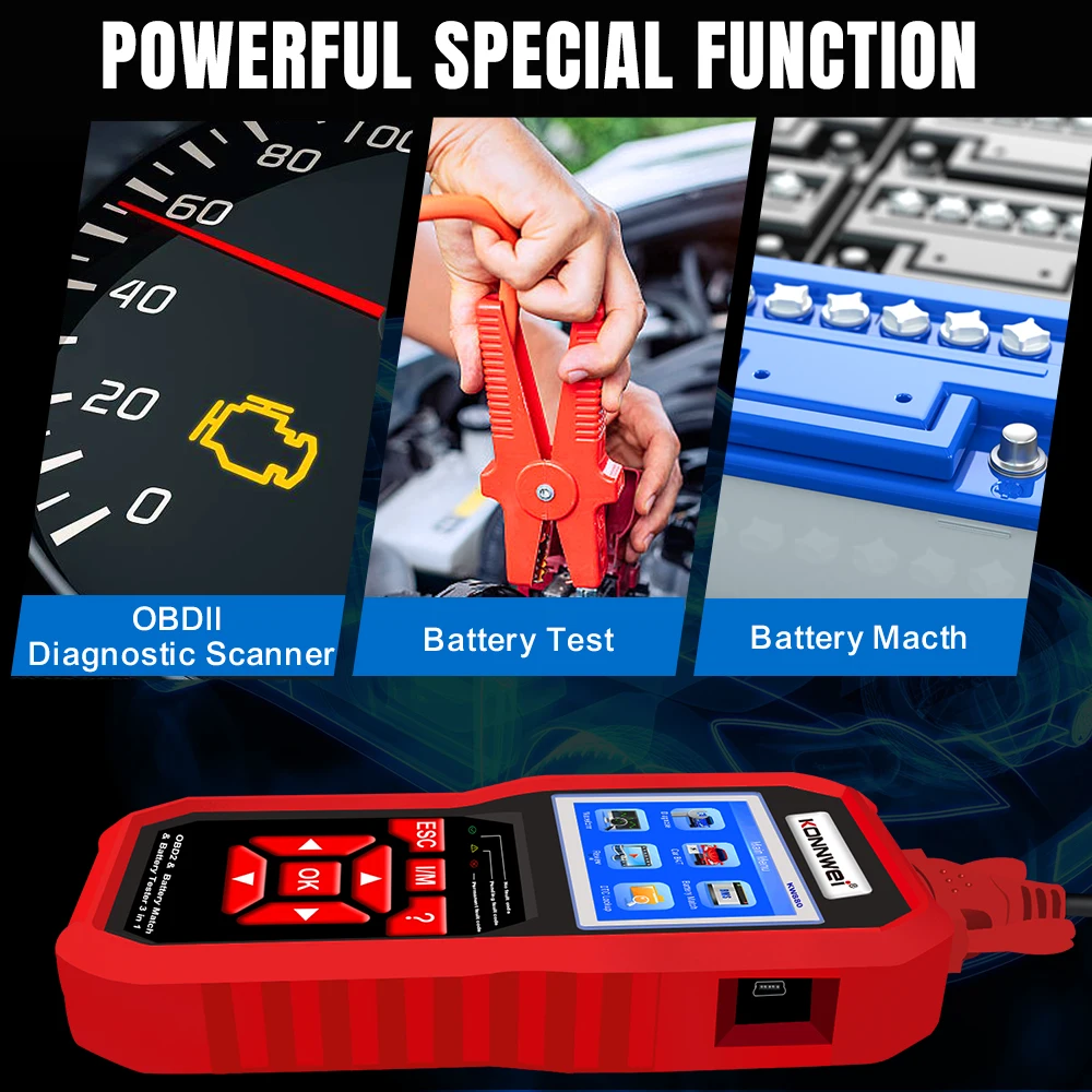 2026 KONNWEI KW880 3-in-1 Car OBD2 Diagnostic Scanner 6V/12V Battery Tester Battery Matching DPF DTC Lookup Live Data Function