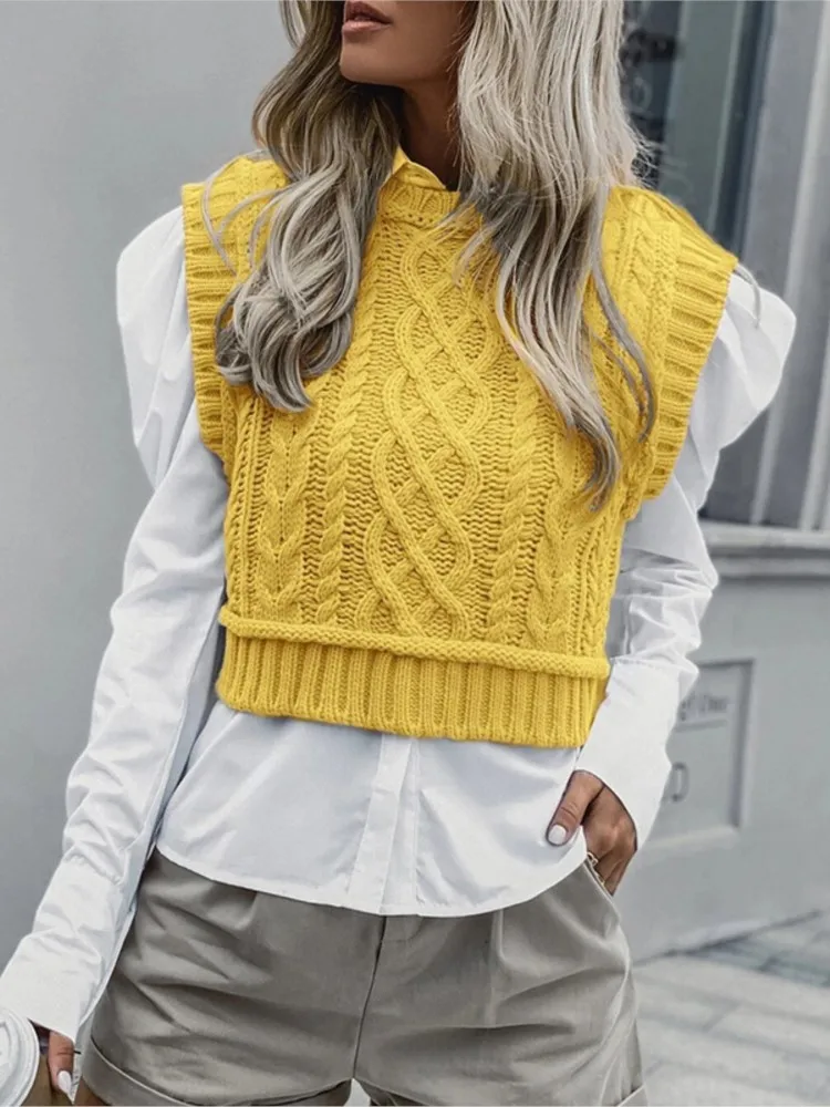 Fashion Knitted Twist Short Waistcoat Women's Spring Autumn Casual Solid Color Round Neck Waistcoat Sweater Vest Female 2025