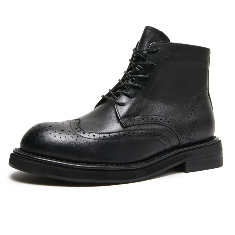 

British Retro Riding Boots Men's High Top Brogue Handmade Carving Casual Genuine Leather Formal Work Ankle Boots Male Shoes