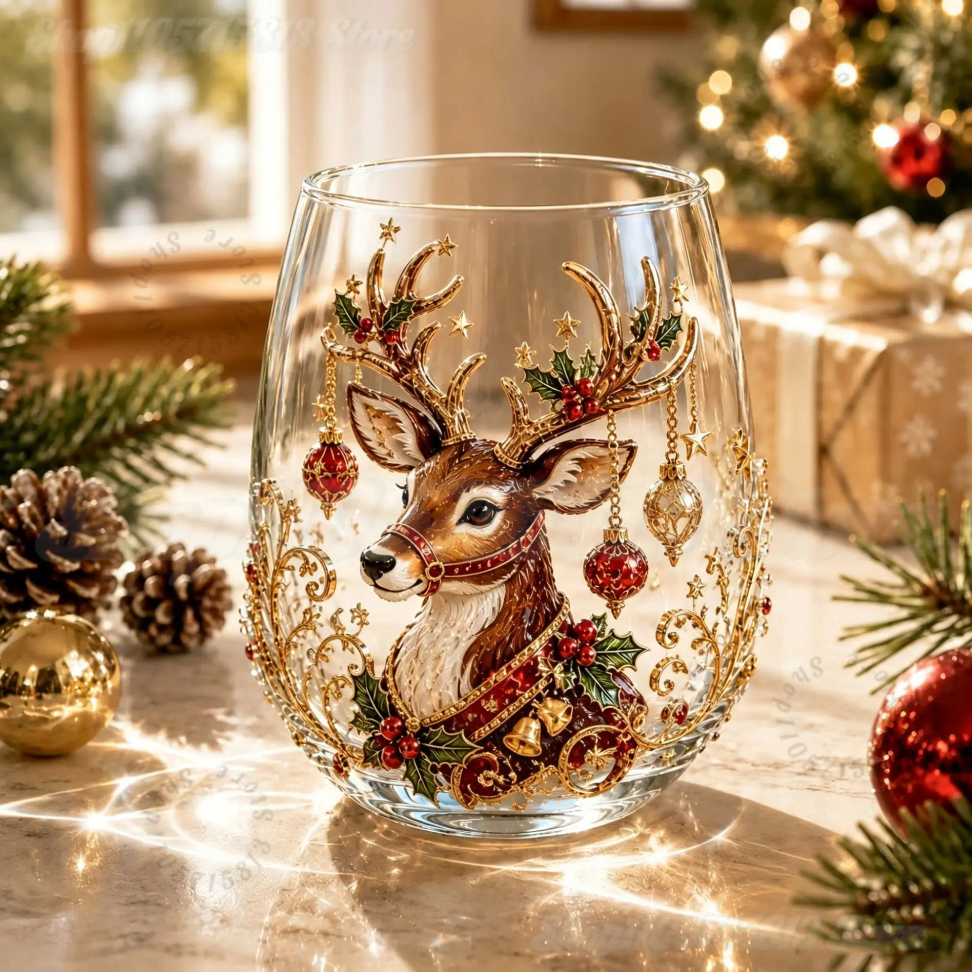 3D Christmas Glass Art Cup Holiday Drinking Glassware Collection Raised Santa Claus Stemless Wine Glass Cup Home Decor Gift