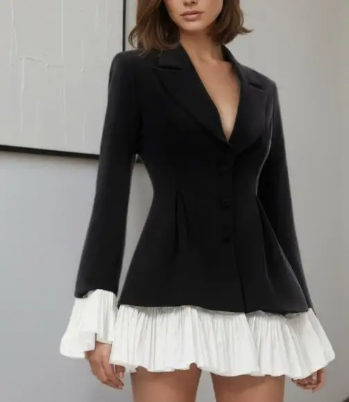 

New Queen's Waist Cinching Style Slimming Short Skirt Contrasting Color Trumpet Sleeves Suit Dress