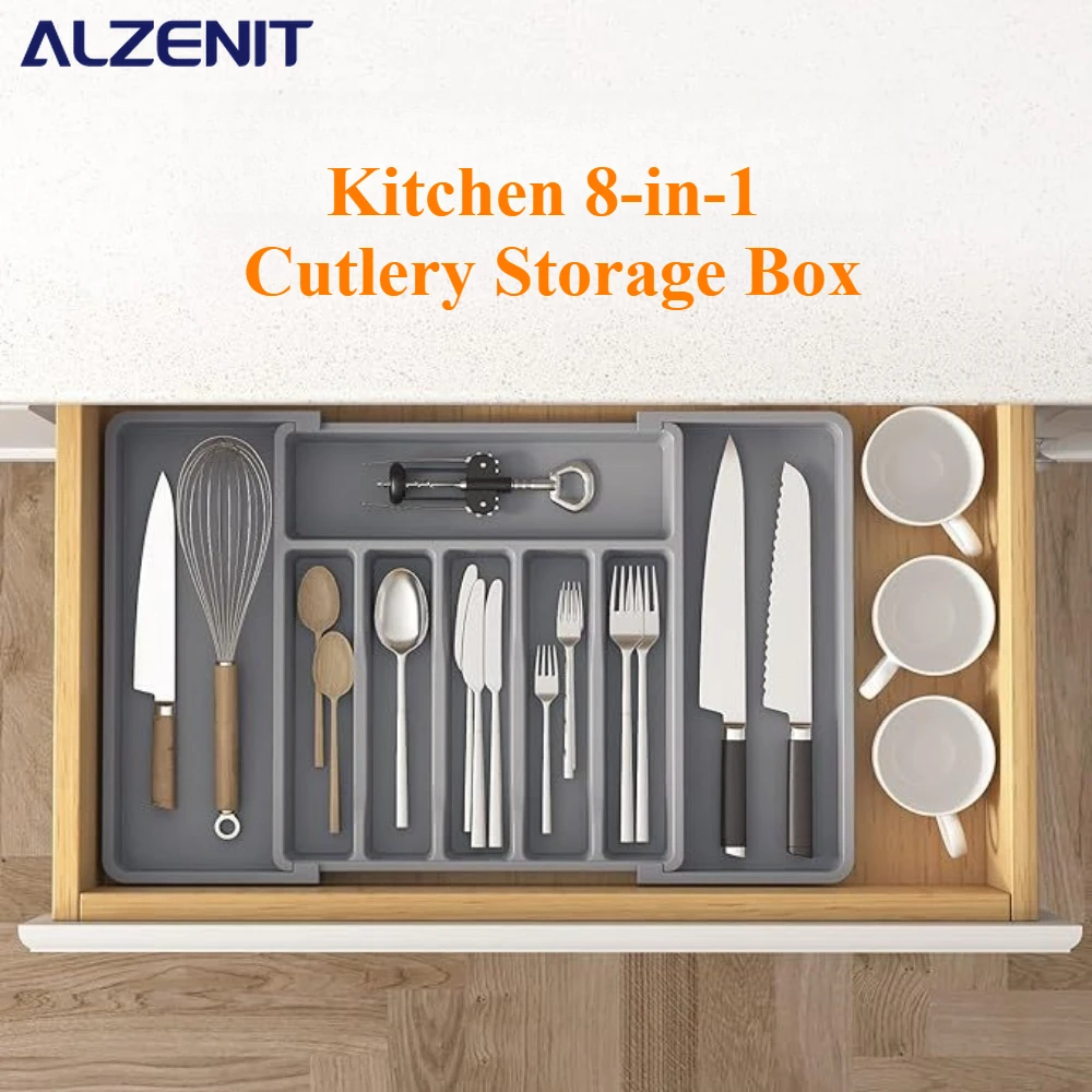 

Silver Case Silverware Storage Box Adjustable Cutlery Rack Retractable Plastic Drawer Storage Holder Kitchen Box Accessories