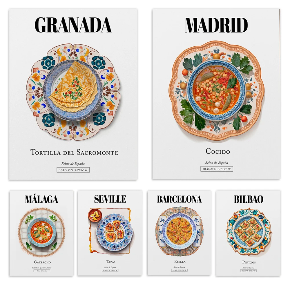 Sevilla, Madrid, Andalucía, Granada, gazpacho, estofado, maíz de la montaña sagrada, paella, tapas, cartel artístico de decoración de cocina