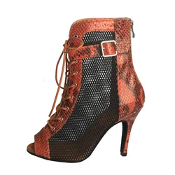 Wedopus Women's Brown 8.5CM Heel Peep toe Hollow-out Heels Dance Boots Suede Sole Snake PU Dancing Shoes Boots with Back Zipper