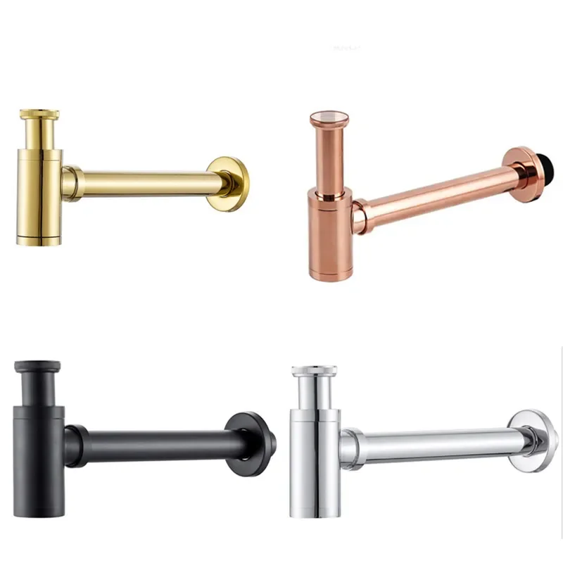 

rose gold Brass Body Basin Wast Drain Wall Connection Plumbing P-traps Wash Pipe Bathroom Sink Trap Black/Brushed Gold/Chrome