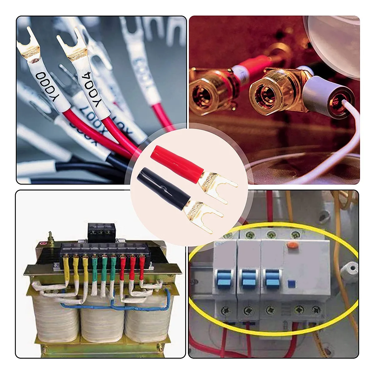 ABJG-Y موصل مجرف لسلك مكبر الصوت، 8 قطع Y Spade Plug 45 درجة مطلية بالذهب U شوكة بأسمائها الحقيقية