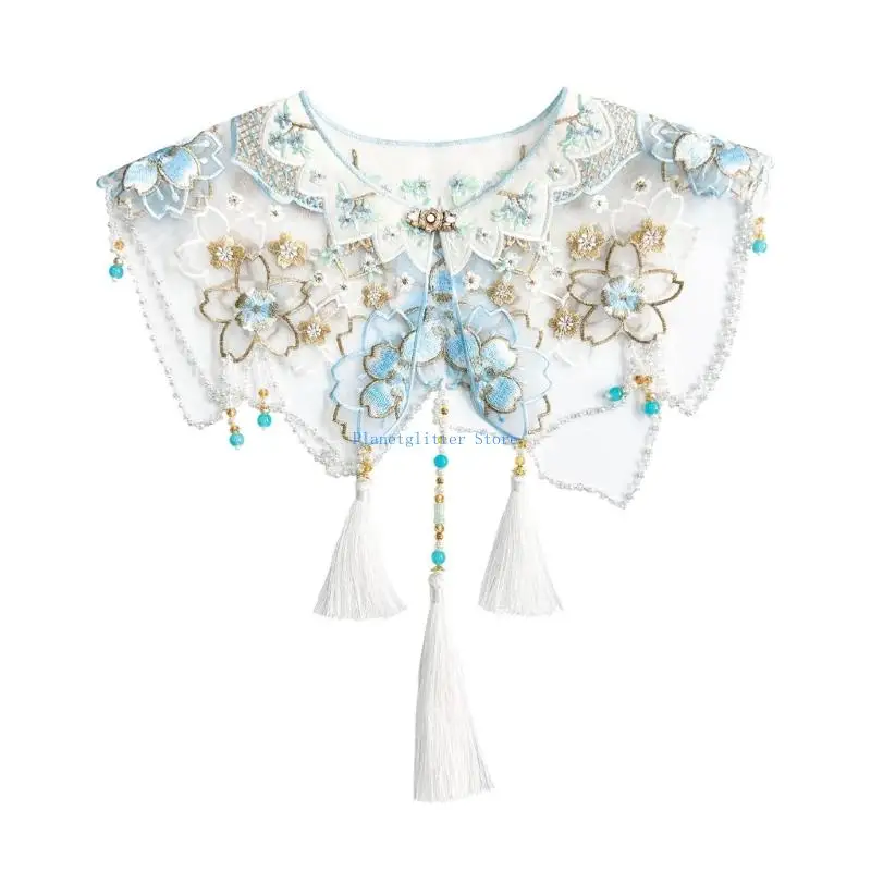 

652B Chinese Traditional Horse Face Collar Shawl Embroidery Flower Pearls Tassels Neckpiece For Festival Photogrpahy Accessory