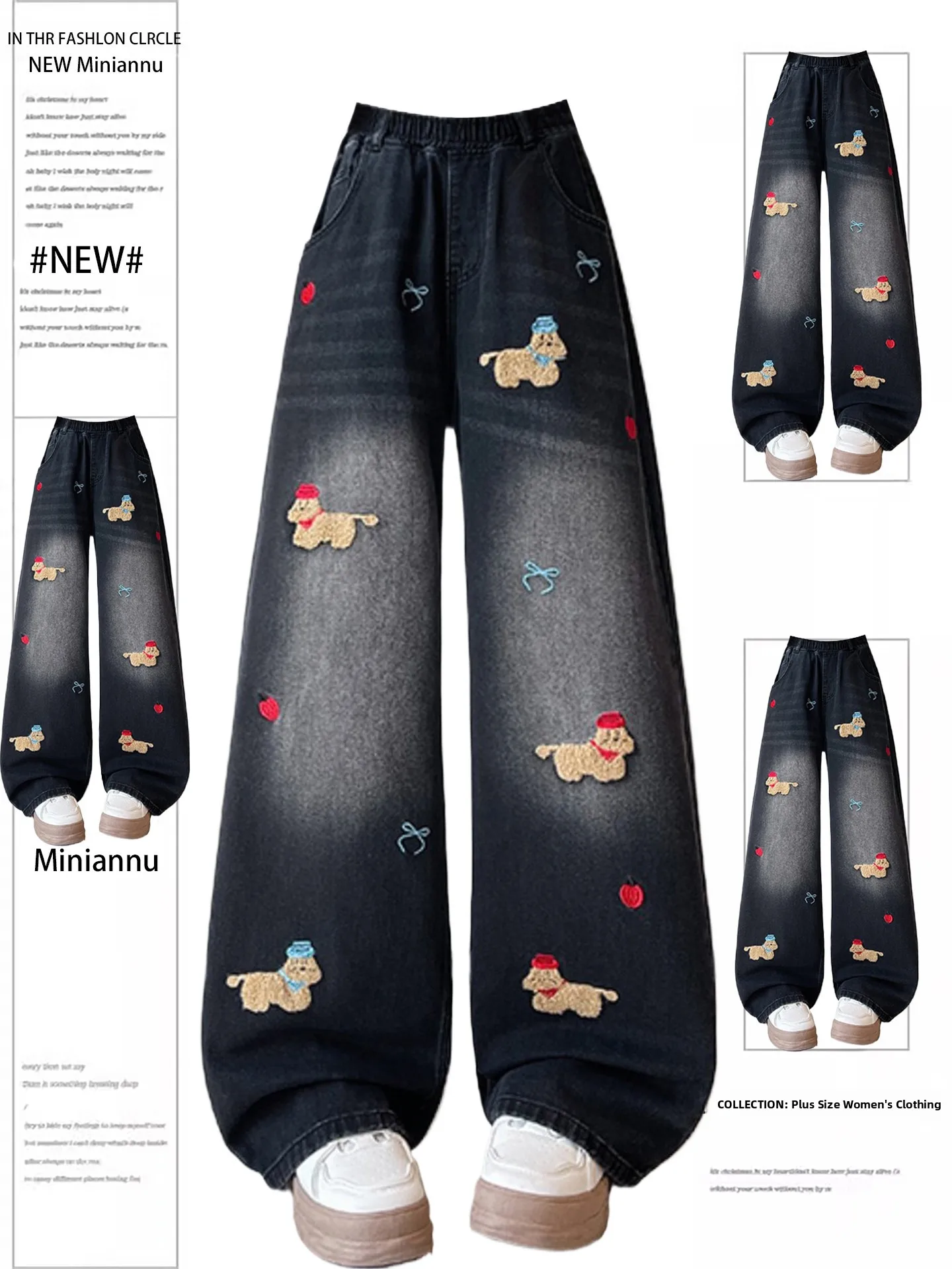 

Retro American High Street Sausage Dog Embroidered Jeans Men Women Black Loose Leg Long Pants Casual High Waist Denim Skinnier