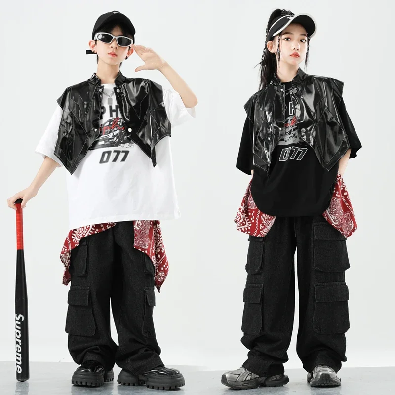 Ropa de Hip Hop para niños, camiseta, chaleco, pantalones Cargo, disfraz de baile callejero de Jazz para niñas, conjunto de ropa para niños, ropa de calle k-pop