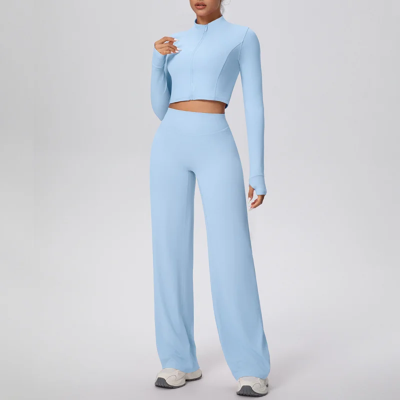 여성용 짐 피트니스 플레어 팬츠 슈트 2피스 세트 의류 요가 세트 긴팔 상의 루즈핏 스트레이트 팬츠 트랙슈트 세트 액티브웨어