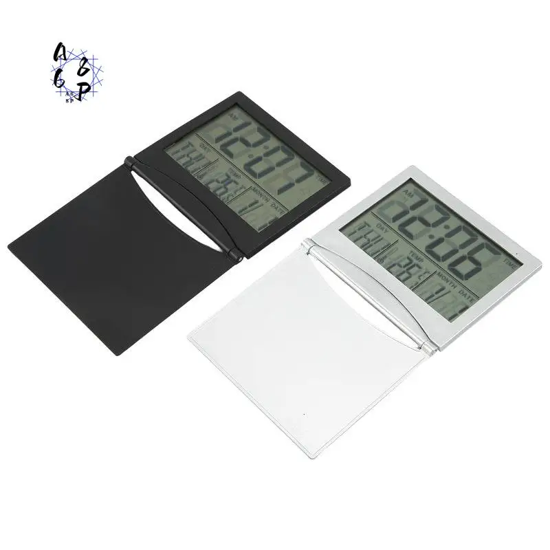 A68P-2 Pcs Digital Travel Alarm Clock Foldable LCD Clock With Calendar Temperature Snooze Mode Portable Display Desk Clock