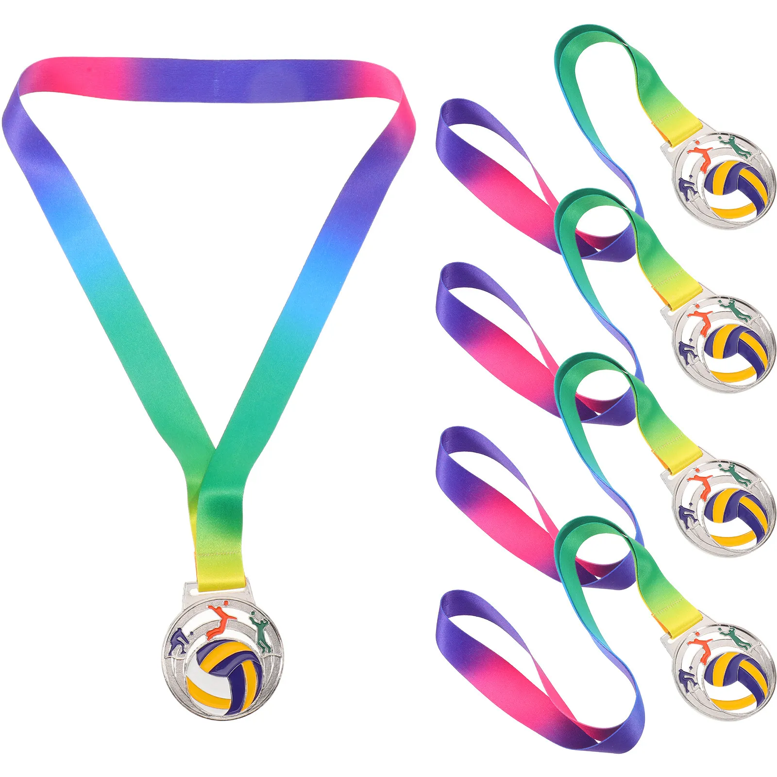 5Pcs Volleyball Medal Set Gold Zinc Alloy Realistic Hollow Design Neck Ribbon Sports Awards Competition Medals Team Recognition