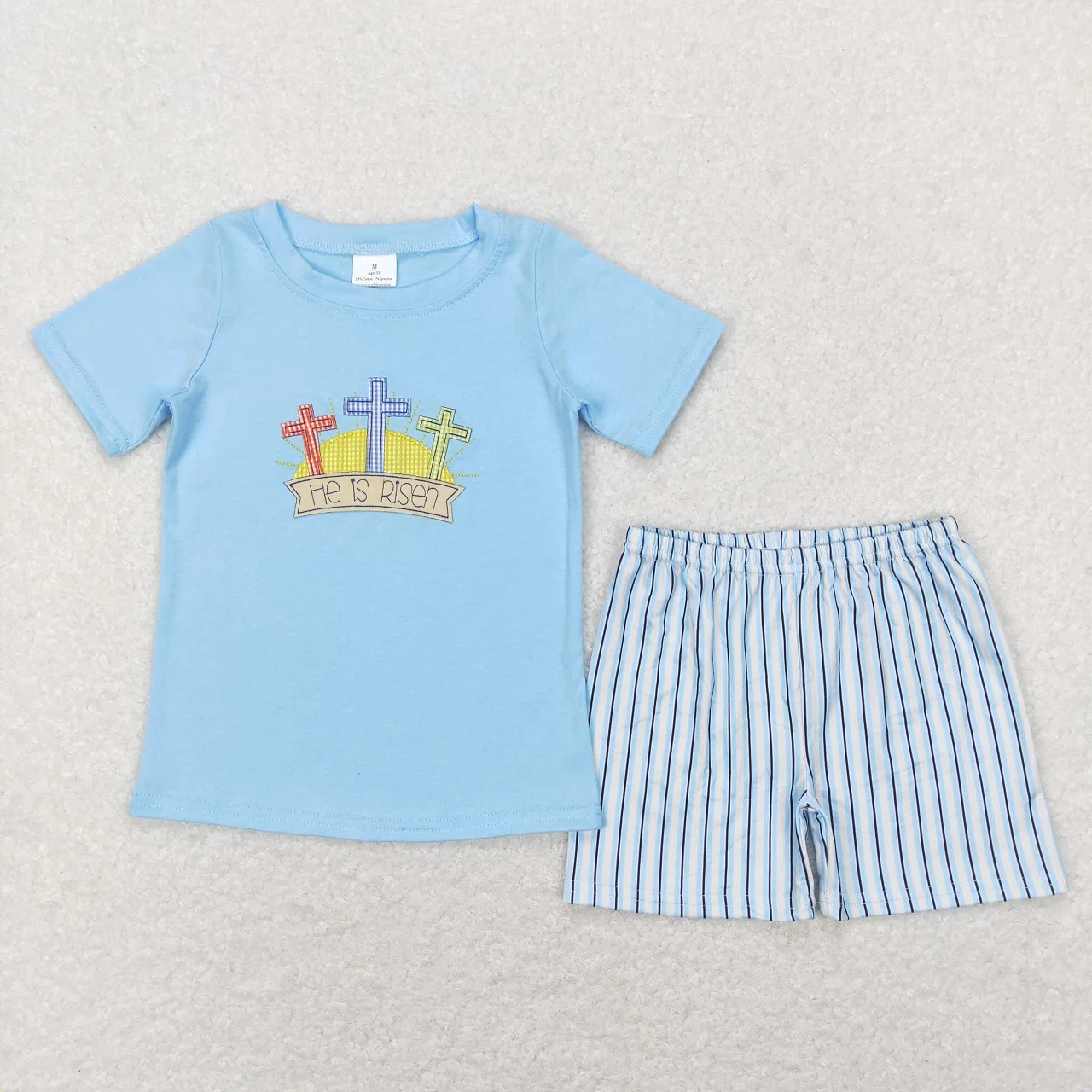 

Wholesale Toddler Blue Short Sleeves He Is Risen Shirt Stripes Shorts Children Spring Outfit Baby Boy Kids Easter Embroidery Set