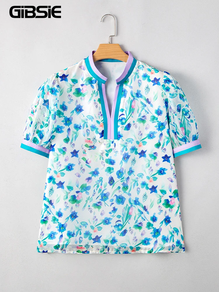 

GIBSIE плюс размер, топ с v-образным вырезом и пышными рукавами, женская мода, лето 2025, свободная повседневная блузка с короткими рукавами в стиле ретро