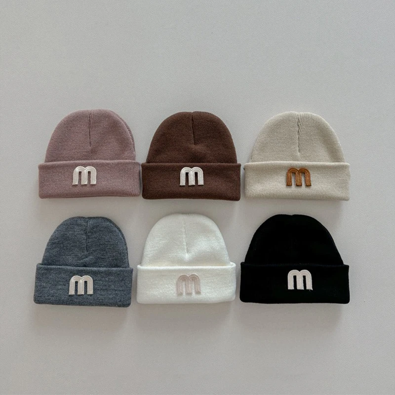 m-Letter Kids Beanie Winter Warm Children Knitted Hat 1-4year Baby Solid Color Woolen Cap Boy Girl Fashion Simple Crochet Bonnet