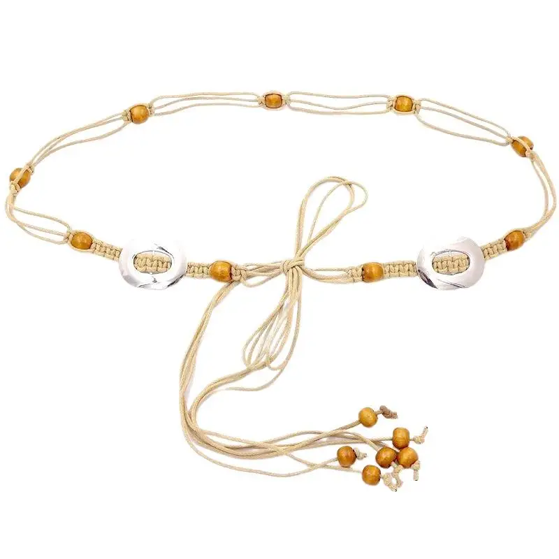 Women Boho Plain Metal Buckle Beaded Knot Waistband Retro Ethnic Style Dress Jeans Waist Chain Belt Female Beach Accessories